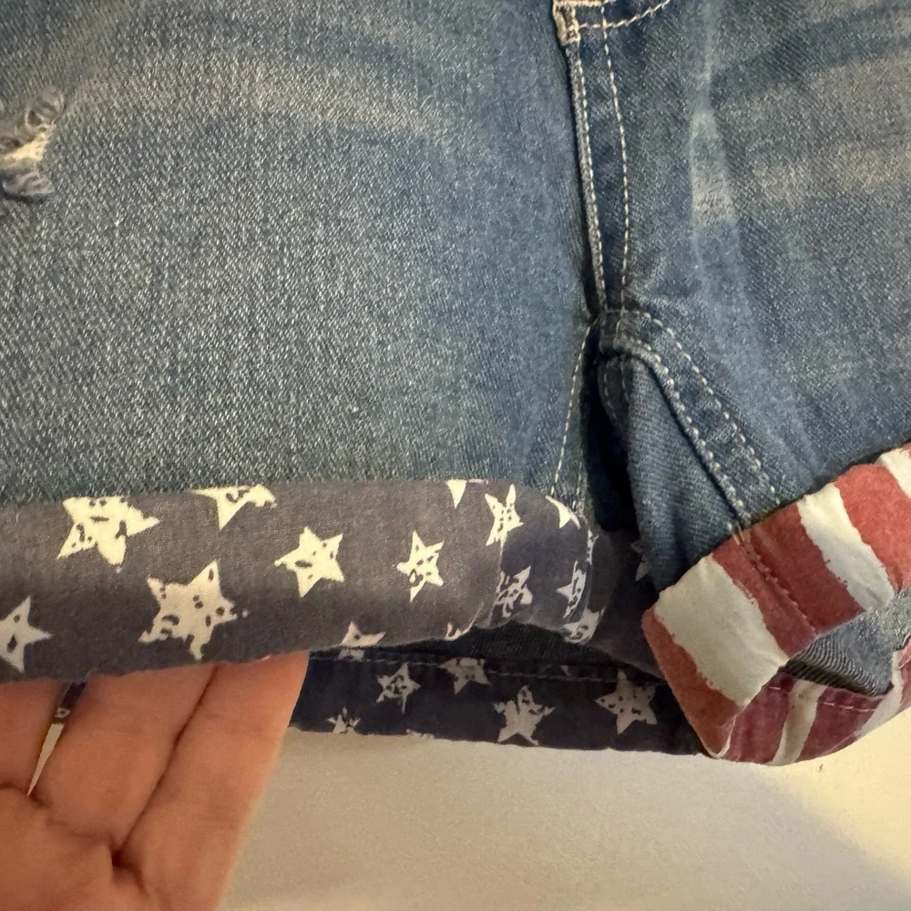 Lincoln Women's Blue Distressed Denim Shorts with Flag Cuff - Picture 2 of 5